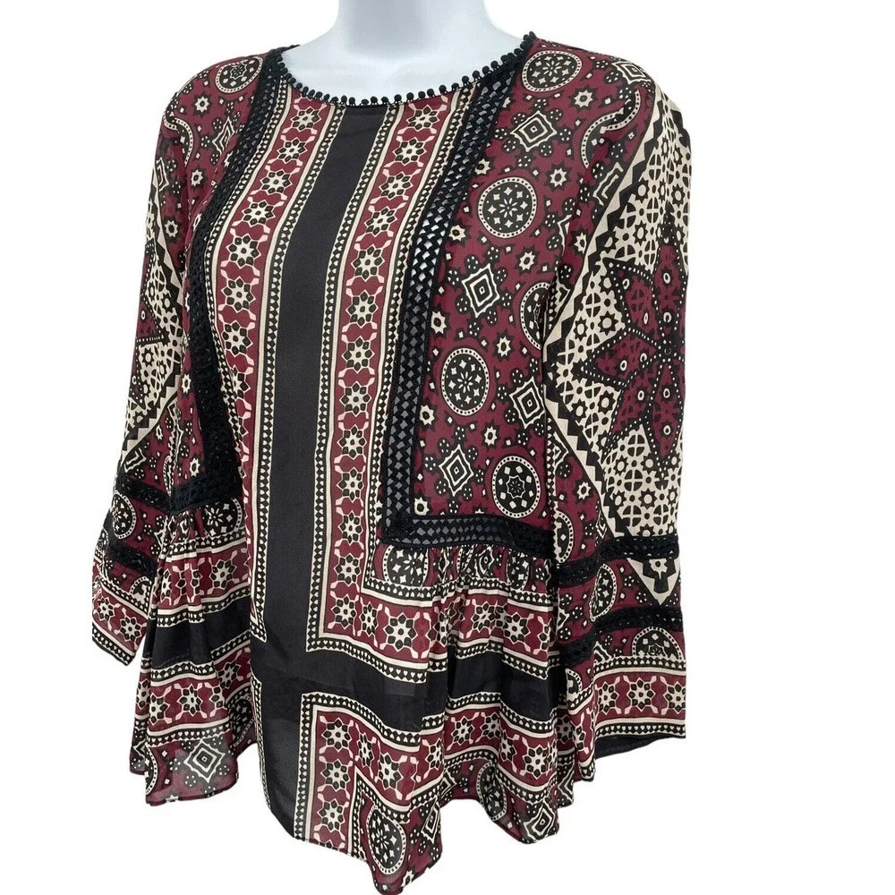 Sea New York Ezri Silk Blend Blouse Size 0 Burgandy Scoop Neck 3/4 Sleeves